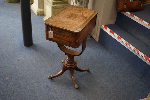 A Regency brass inlaid rosewood work table, width 34cm, depth 51cm, height 72cm